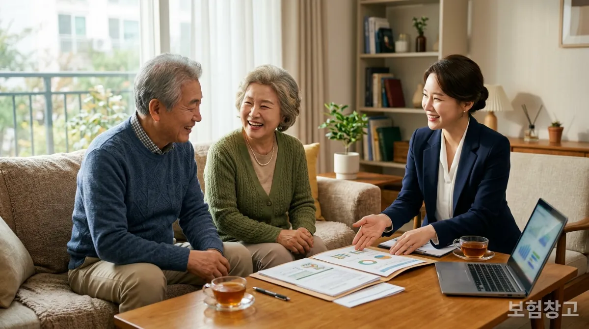 고령층을 위한 실손보험 상담을 받는 한국인 노부부