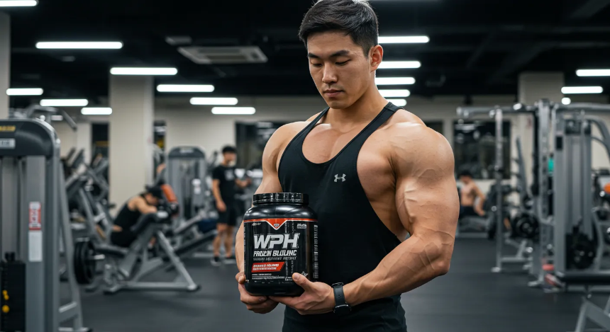 헬스장에서 WPH 웨이 프로틴을 들고있는 트레이너