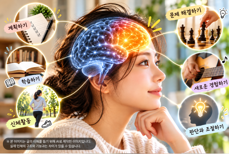 전두엽의 역할과 실행 기능을 표현한 AI 생성 이미지. 뇌의 활성화 모습을 중심으로 계획 세우기, 학습, 신체활동, 문제 해결, 새로운 경험, 판단과 조절 등 일상 활동을 시각적으로 나타낸 그림.