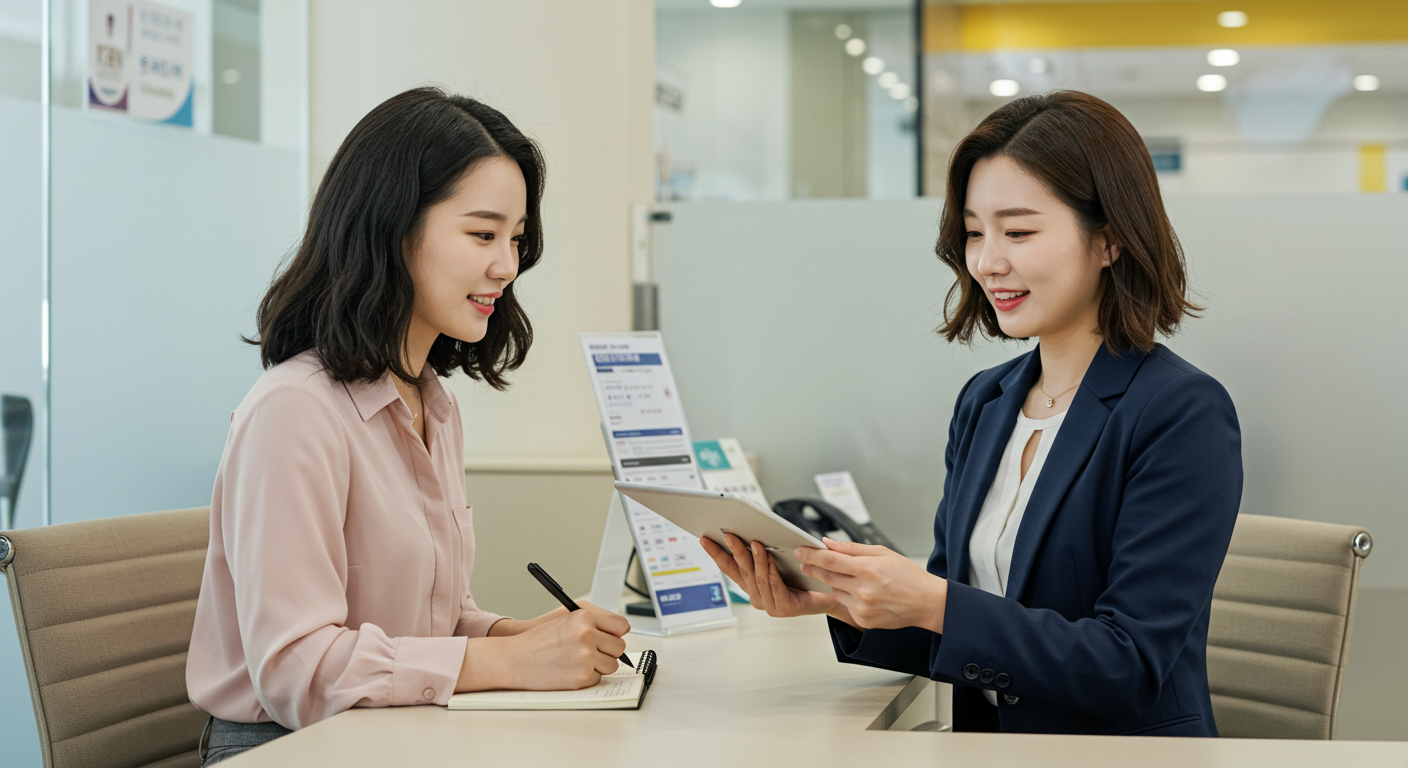 은행 상담을 받고있는 한국여성.