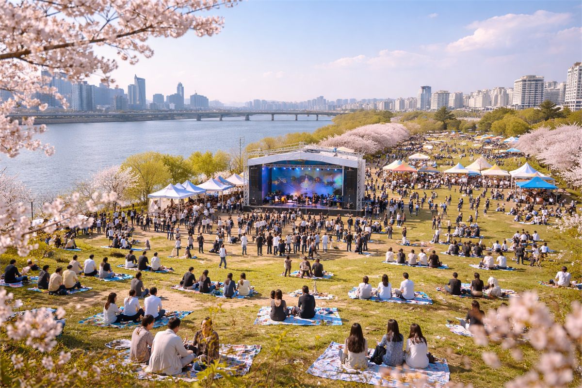 물가 주변으로 넓게 펼쳐진 초봄 축제 현장 전경 