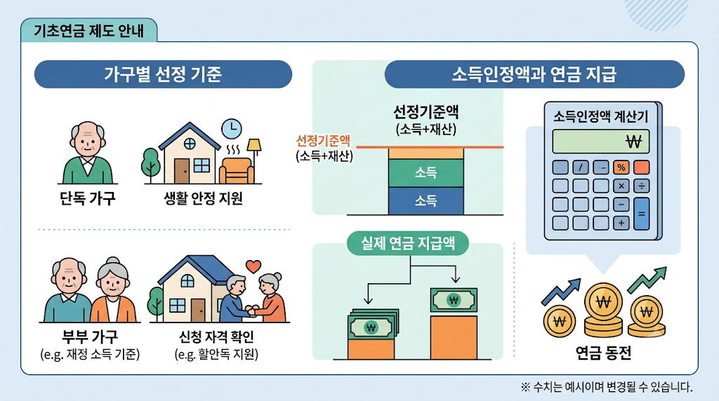2026년 기초연금 단독가구 부부가구 선정기준액과 월 기준연금액 비교