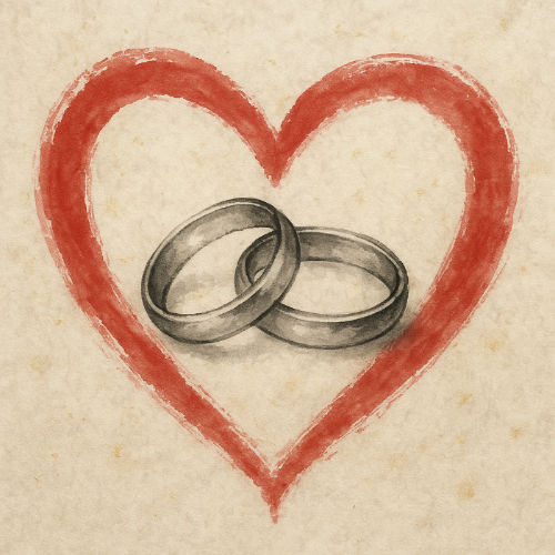 Traditional East Asian ink and watercolor painting style, two wedding rings inside a red heart brushstroke, hanji paper texture background, subtle gold highlights, romantic and poetic atmosphere