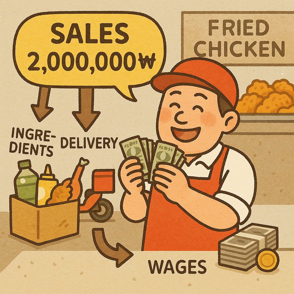 &ldquo;치킨집 사장님이 매출 200만 원이라며 기뻐하고 있지만, 주변에는 원재료비, 배달비, 인건비 등이 쌓여 있어 실제 이익은 적다는 걸 보여주는 일러스트&rdquo;
