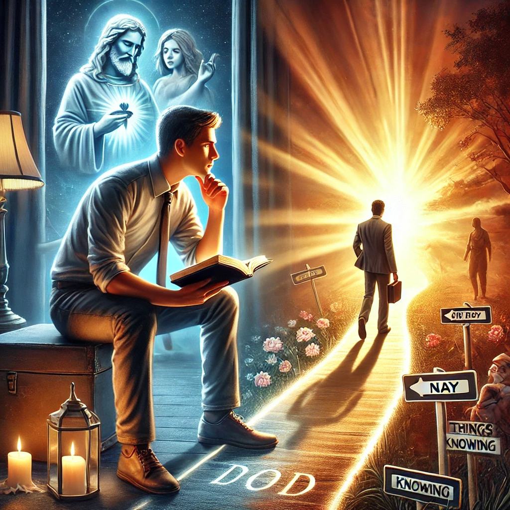Here is the inspiring image depicting a person discerningly focusing on their vision and connection with God while consciously separating from worldly distractions and negative influences. The scene symbolizes a commitment to spiritual growth and discernment, with a focus on moving towards the light of God's presence.