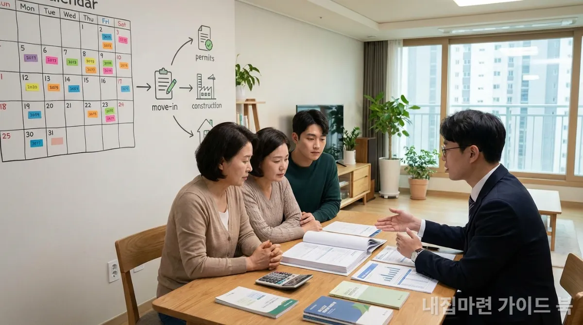재건축 및 리모델링 사업 기간과 이주비 대출 규제에 대해 상담하는 한국인 가족