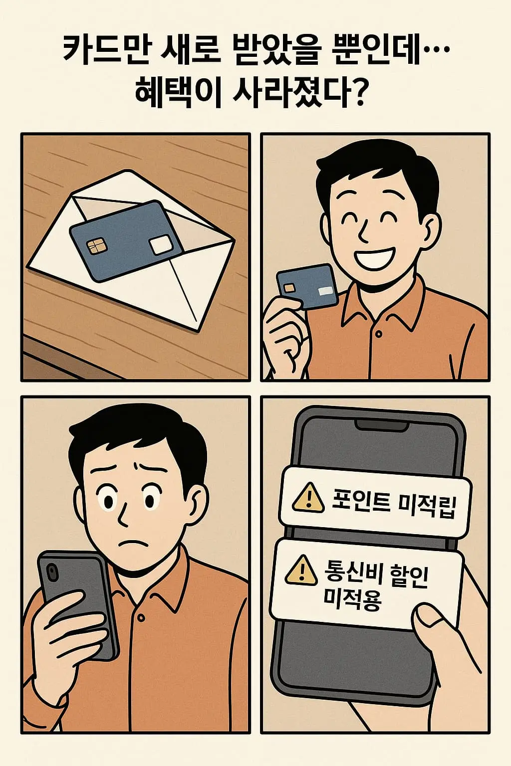 신용카드 재발급 후 포인트 미적립 및 혜택 미적용 안내 메시지를 확인하는 사용자 모습