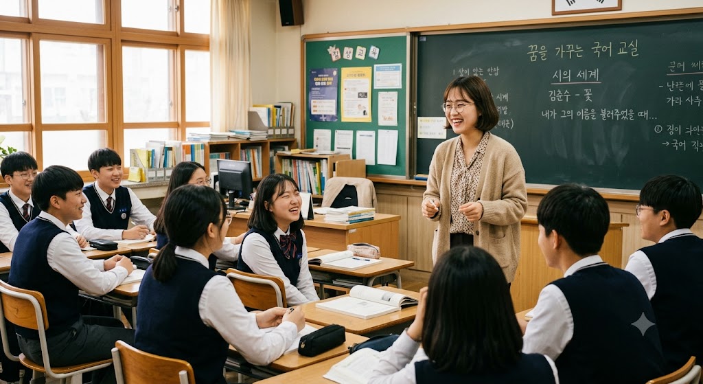 국어교육과 합격생의 교육 봉사 활동과 멘토링을 상징하는 밝은 교실 속 수업 풍경 이미지
