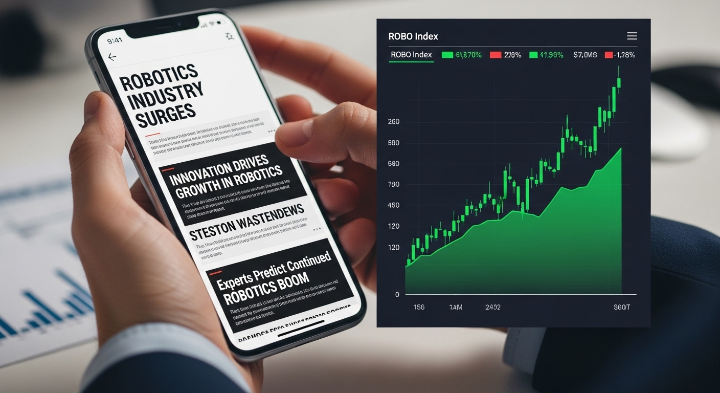 스마트폰 화면에 로봇 관련 기사와 긍정적인 투자 그래프를 확인하는 사람의 모습