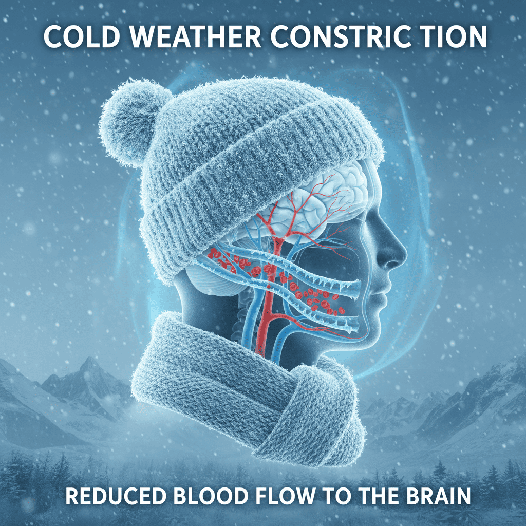 추운 날씨 속에서 혈관이 수축하고, 뇌혈류가 줄어드는 모습을 시각적으로 표현한 일러스트