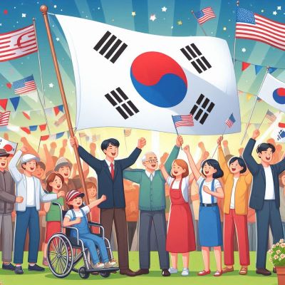 광복절을 맞아 태극기를 들고 기념하는 사람들