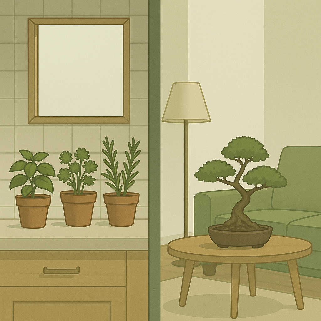 허브 키친과 분재 거실 인테리어