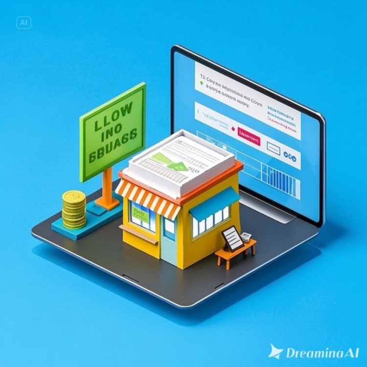 소상공인 사업장(카페, 공방 등) 배경에 저금리 대출을 상징하는 돈과 서류, 디지털 전환을 나타내는 태블릿이 어우러진 이미지. 밝은 파란색과 초록색 톤으로 희망과 성장 강조