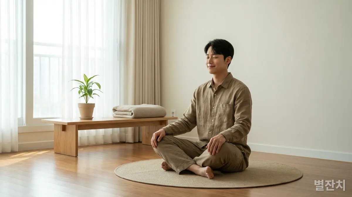 한국 남성이 조용히 명상하며 마음챙김을 실천하는 모습