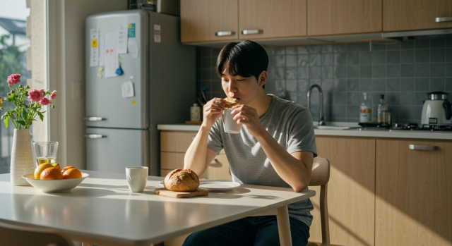 빵과 커피만 먹는 남성의 아침 식사 장면