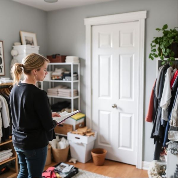 주변환경정리전문가가 고객과 의논하여 실내정돈을 하고 있다