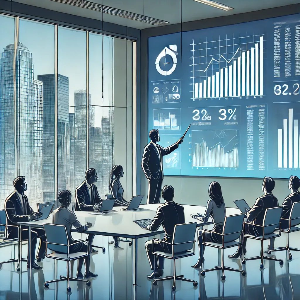 컨설턴트가 회의실에서 부동산 데이터를 그룹에 설명하는 장면