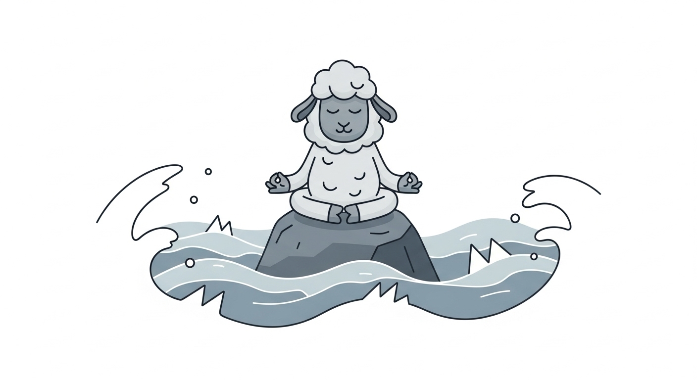 폭풍우가 치는 바다 한가운데 바위 위에서 명상하며 평정심을 유지하는 양 캐릭터 일러스트