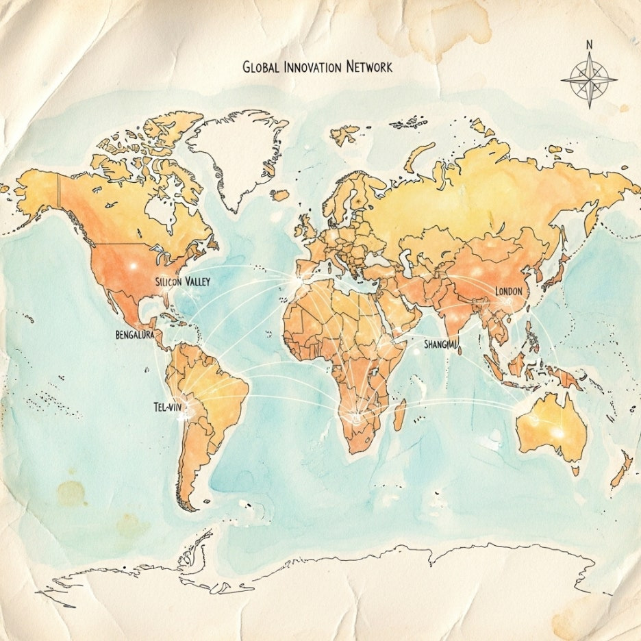 전 세계 기술 중심지가 연결된 따뜻한 색감의 세계 지도