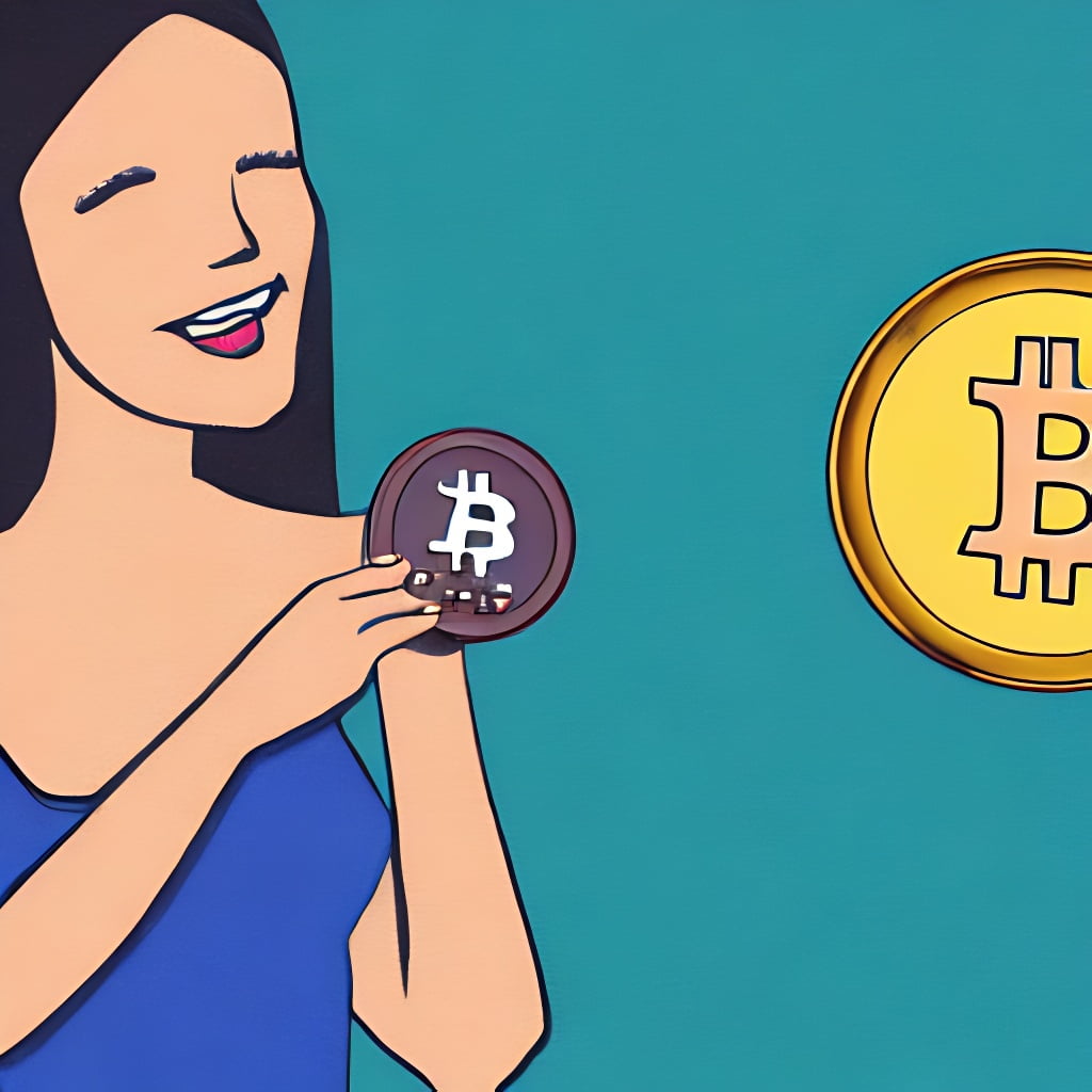 Happy woman wearing dress holding a bitcoin coin in her hands and excited. art, illustration.