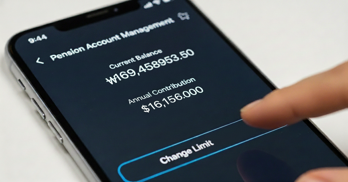 휴대폰 화면에 금융 앱 연금 계좌 잔액과 한도 설정 화면이 보이는 모습