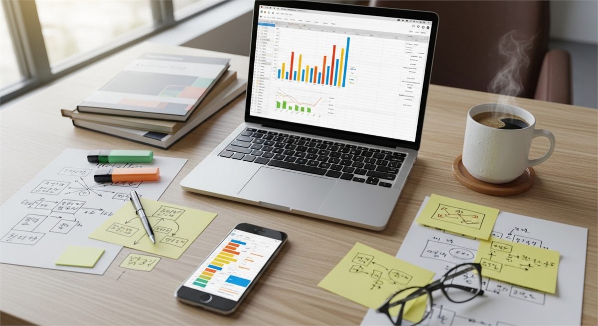 분기말 배당 계획을 세우는 투자 책상 장면