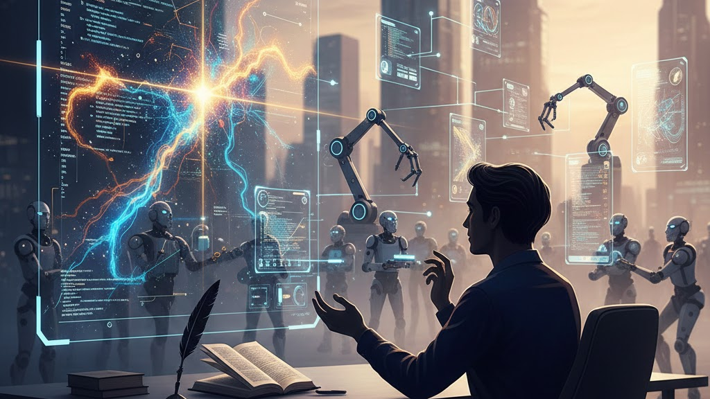 수많은 로봇이 복잡한 데이터와 코드를 생성하는 미래형 사무실에서, 한 사람의 실루엣이 책상 앞에 앉아 펼쳐진 책과 깃펜 곁에서 홀로그램 화면을 진지하게 검수하고 있는 모습.