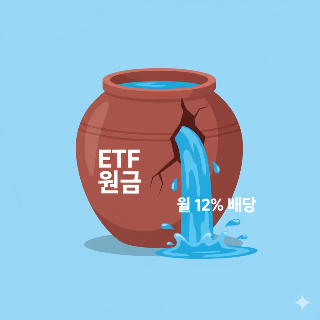 밑 빠진 독(ETF 원금)에서 물(월배당)이 과도하게 빠져나가는 이미지