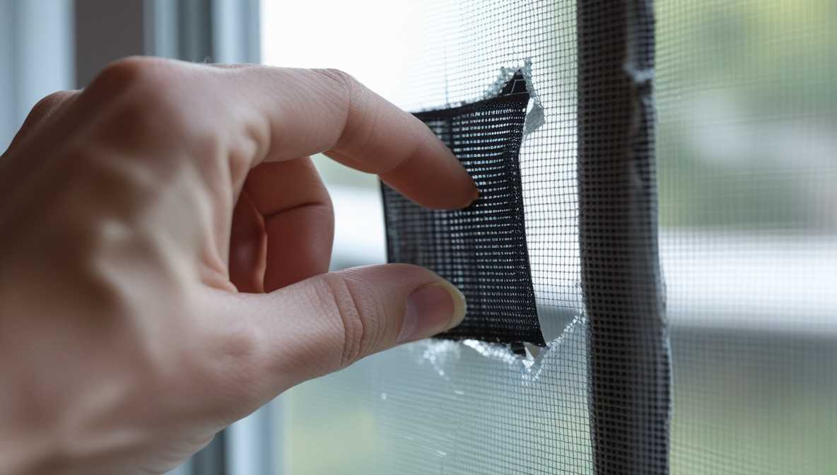 찢어진 방충망 구멍에 사각형 모양의 보수 스티커를 붙이는 손 클로즈업 사진