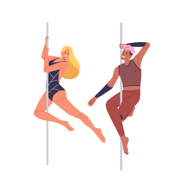 여자 남자 일러스트가 동시에 폴을 타고 있는 그림