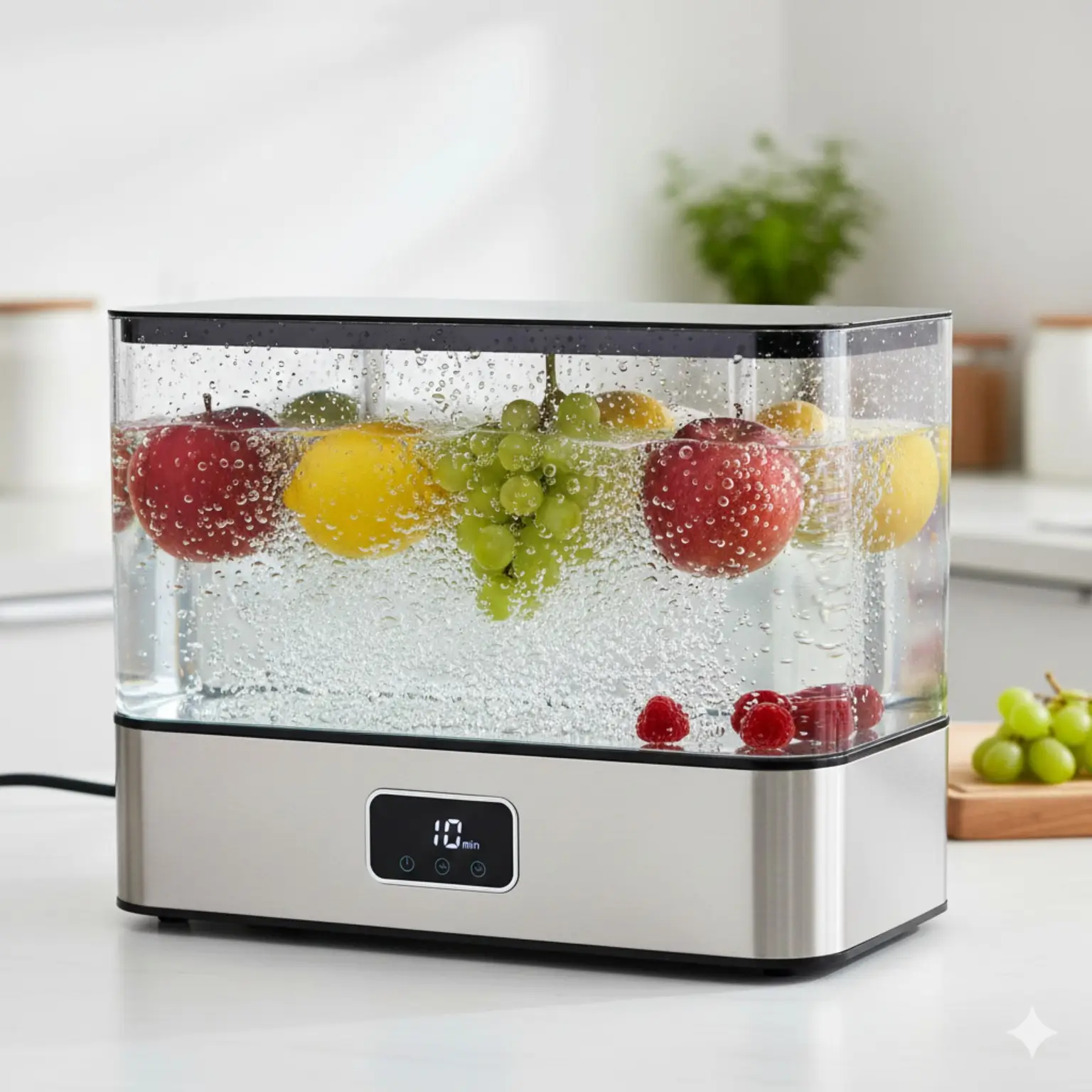 초음파 세척기 내부에서 미세 기포로 과일을 세척하는 모습