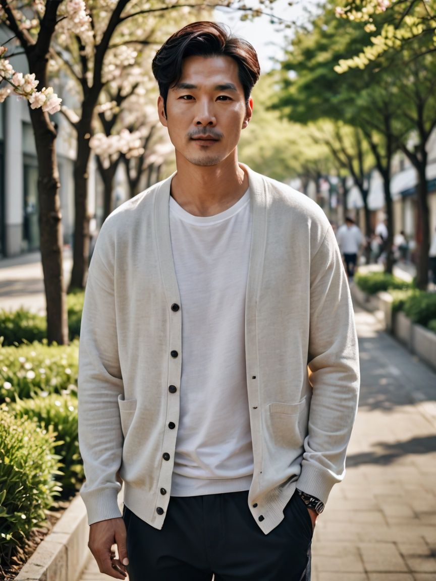 가벼운 카디건 + 티셔츠 + 스니커즈 코디 사진