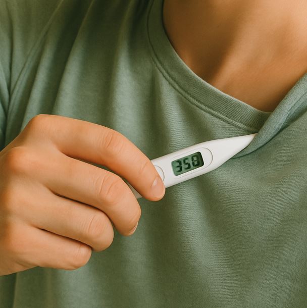 체온계로 체온을 측정하고 있다.