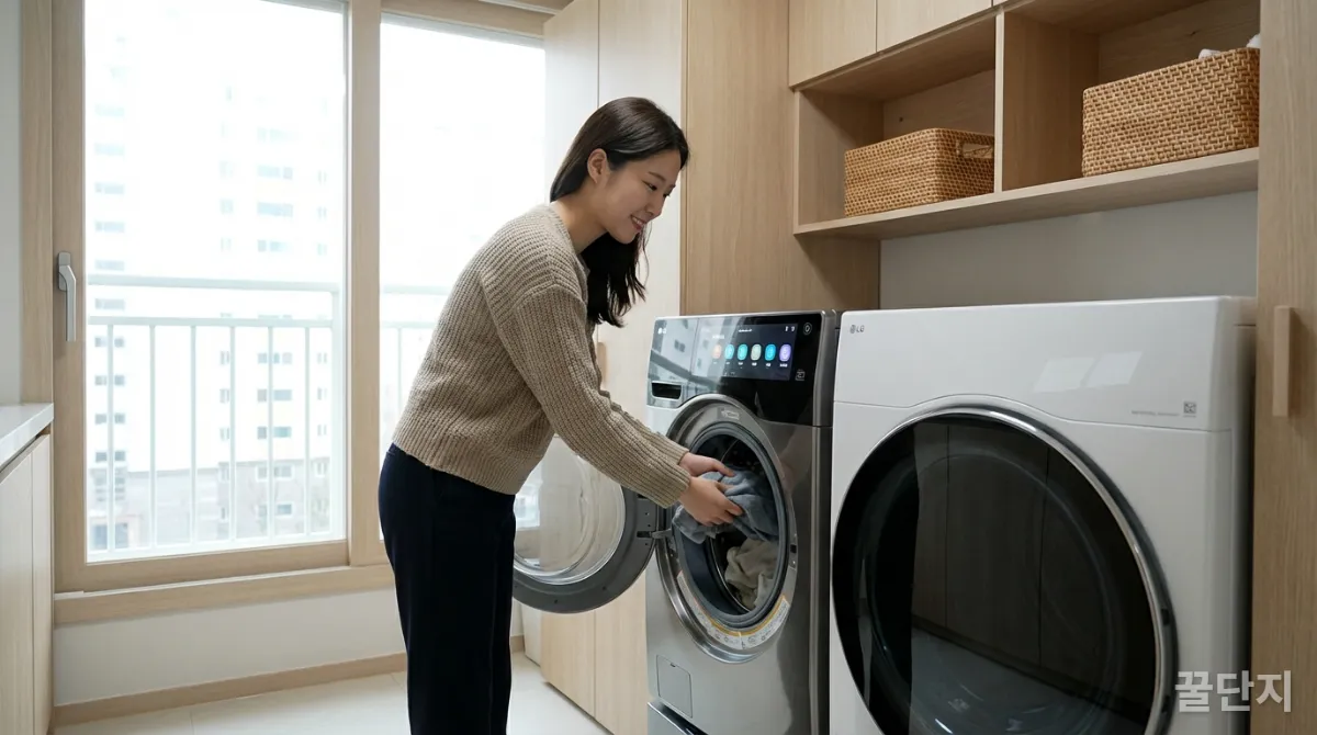 스마트 세탁기 앞에서 빨래를 넣는 한국인 여성의 깔끔한 세탁실 모습.