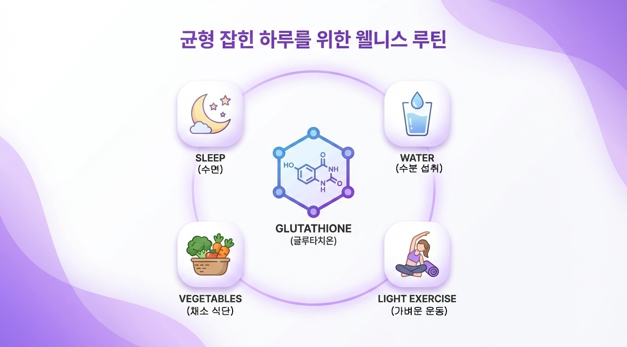 글루타치온 분자 구조 아이콘과 함께 건강한 라이프스타일을 상징하는 물 한 잔, 채소, 수면 아이콘이 나란히 배치된 인포그래픽