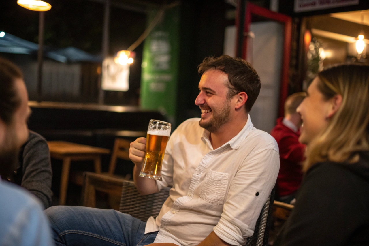 회식하면서 맥주마시는 남성