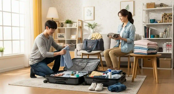 해외 여행을 가기 위해서 부부가 가방에 짐을 넣고 있는 모습