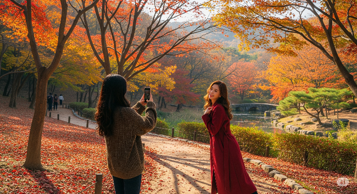파주 벽초지수목원의 단풍이 든 나무들과 연못의 풍경. 20대 여성 두 명이 사진을 찍고 있다.
