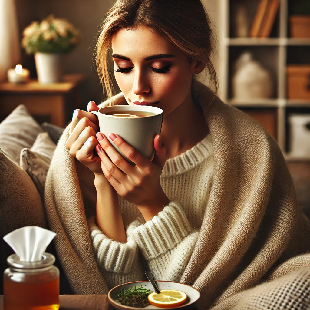 목감기에 좋은 차를 마시는 여자