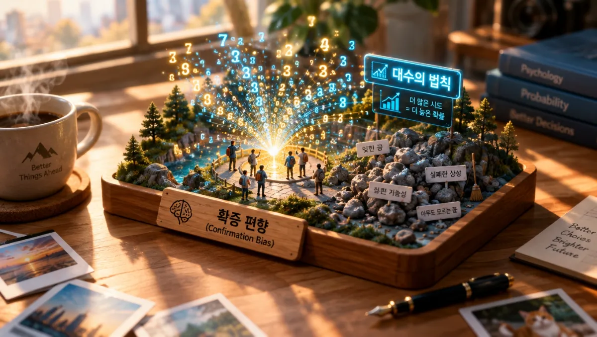 원목 트레이 위 미니어처 디오라마. 왼쪽에서는 작은 사람들이 빛나는 숫자 분수를 올려다보고, 오른쪽 돌무더기에는 '잊힌 꿈', '실패한 상상', '아무도 모르는 꿈' 표지판이 꽂혀 있다. '확증 편향 (Confirmation Bias)' 명패와 '대수의 법칙', '더 많은 시도 = 더 높은 확률' 디지털 간판이 표기되어 있다.