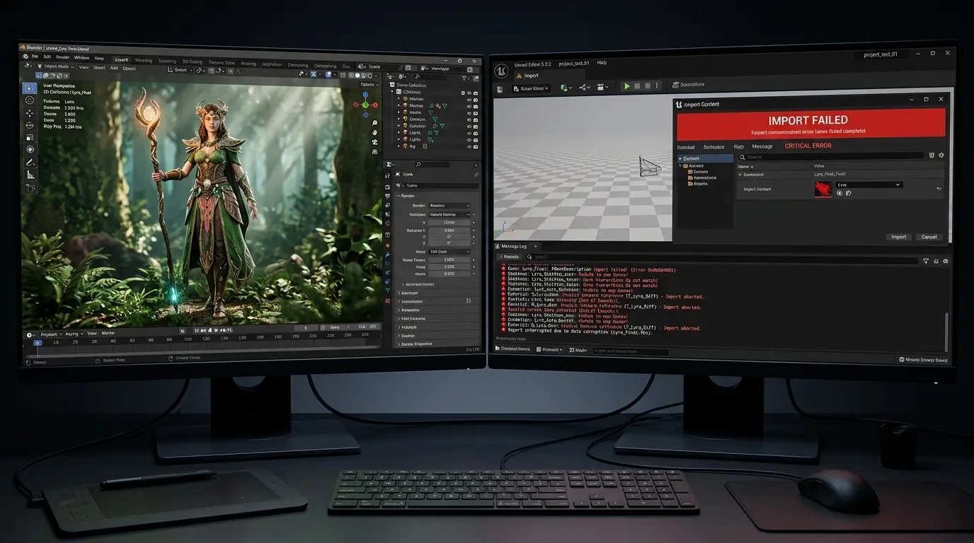 화려하게 렌더링된 블렌더 화면과 처참하게 깨져버린 언리얼 엔진 실무 임포트 에러 로그 비교