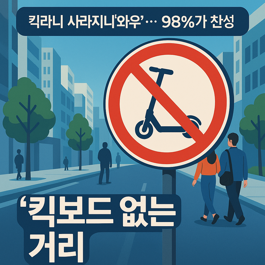 “서울 킥보드 없는 거리 시범 운영 안내 이미지 – 킥보드 금지 표지판과 보행자 중심 거리”