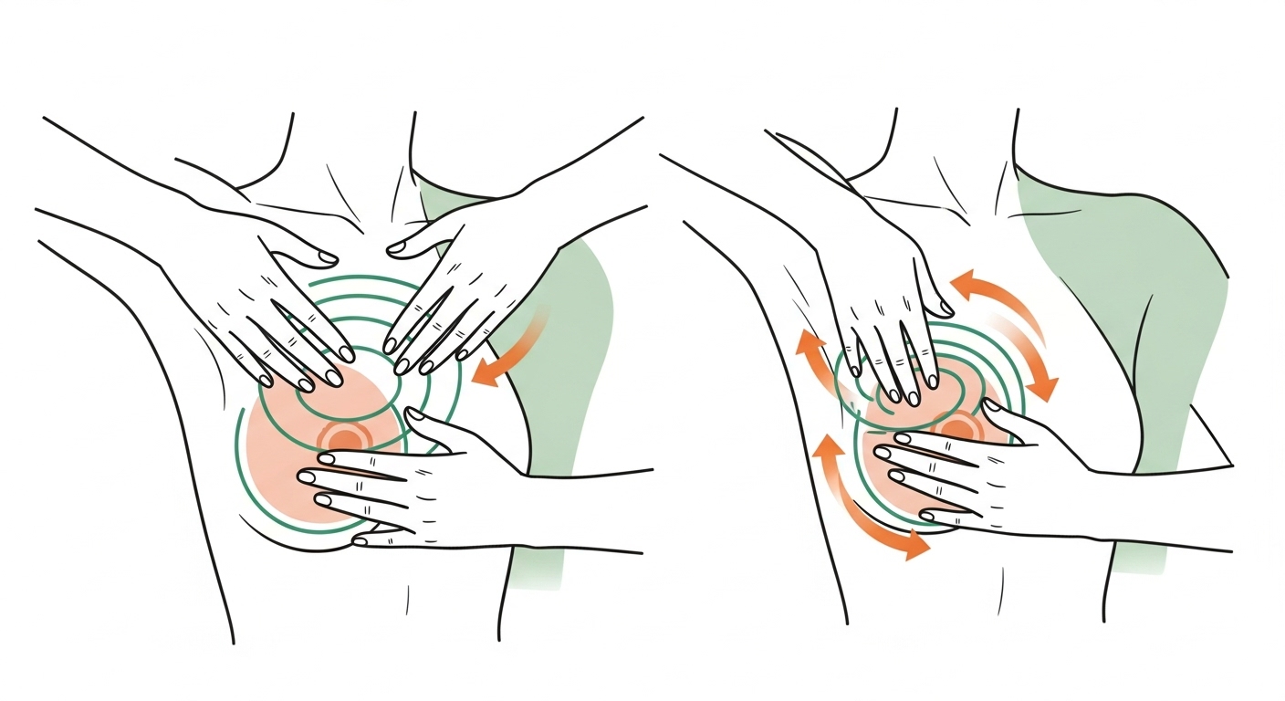 유방 자가 검진의 단계별 방법을 보여주는 상세한 일러스트레이션, 정확한 촉진 부위와 손동작을 안내합니