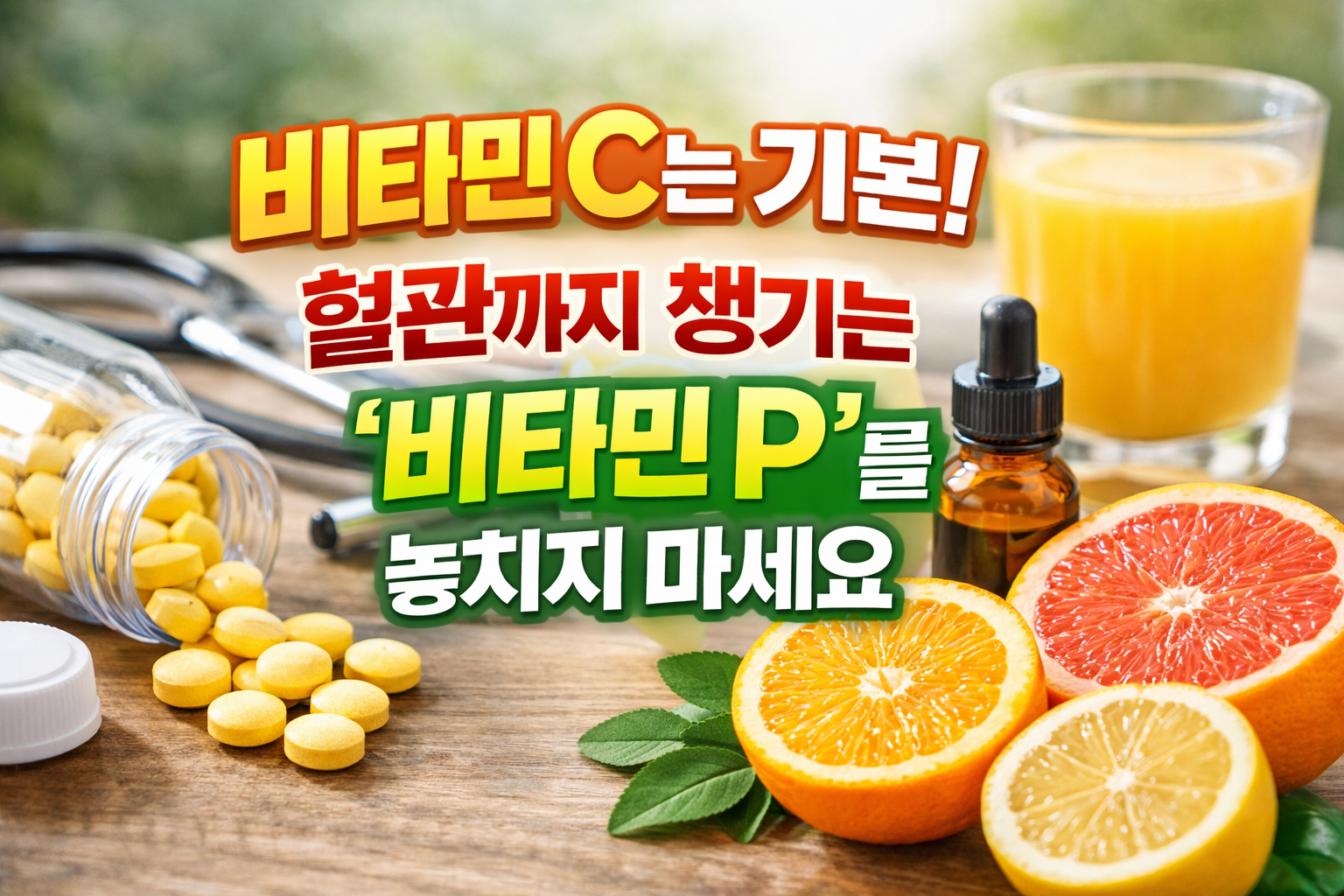 비타민 C와 비타민 P를 강조한 감귤류 이미지, 한라봉 레드향과 건강 보충제 연출 사진