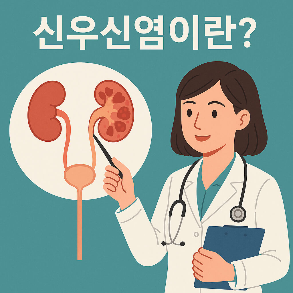신장과 요로 구조, 세균 감염 부위 표시, 단발머리 여성 의사가 신장 모형을 가리키는 장면(출처:자체제작)