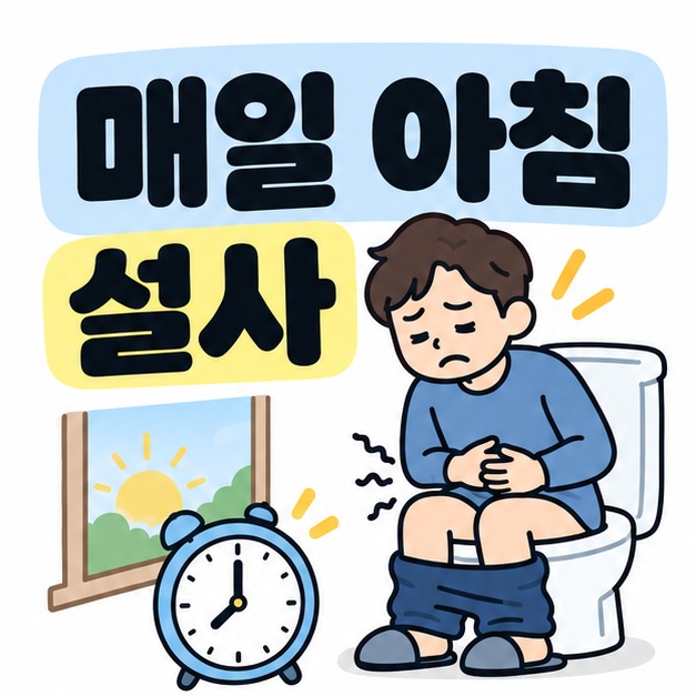매일 아침 설사 제목과 아침 시계, 화장실 표시를 함께 보여주는 그림