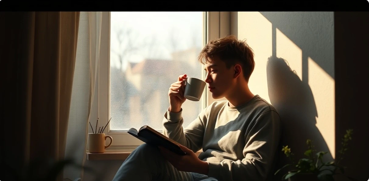 빛이 비치는 창가에서 책 속 한 페이지를 다시 읽는 사람의 모습