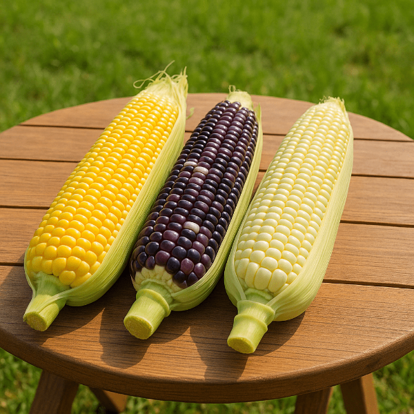 옥수수, 보랏빛 찰옥수수, 노란 초당옥수수가 나무테이블위에 나란히 올려져있는모습