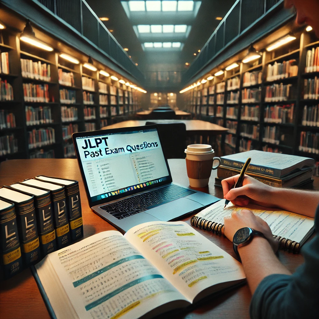 도서관에서 JLPT 기출문제를 공부하는 학생