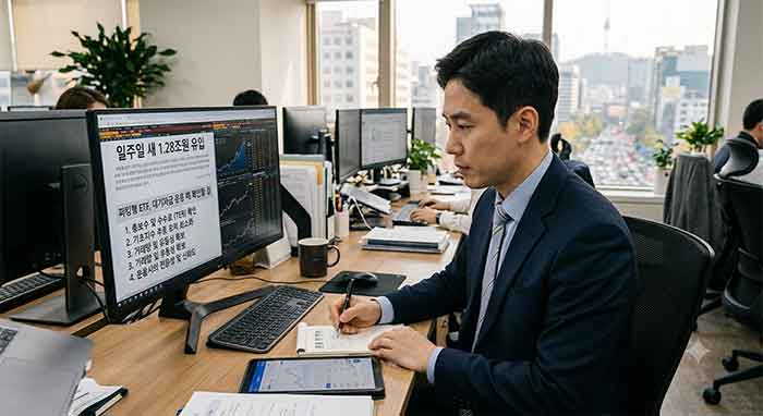 파킹형 ETF 분석 화면을 보는 직장인.